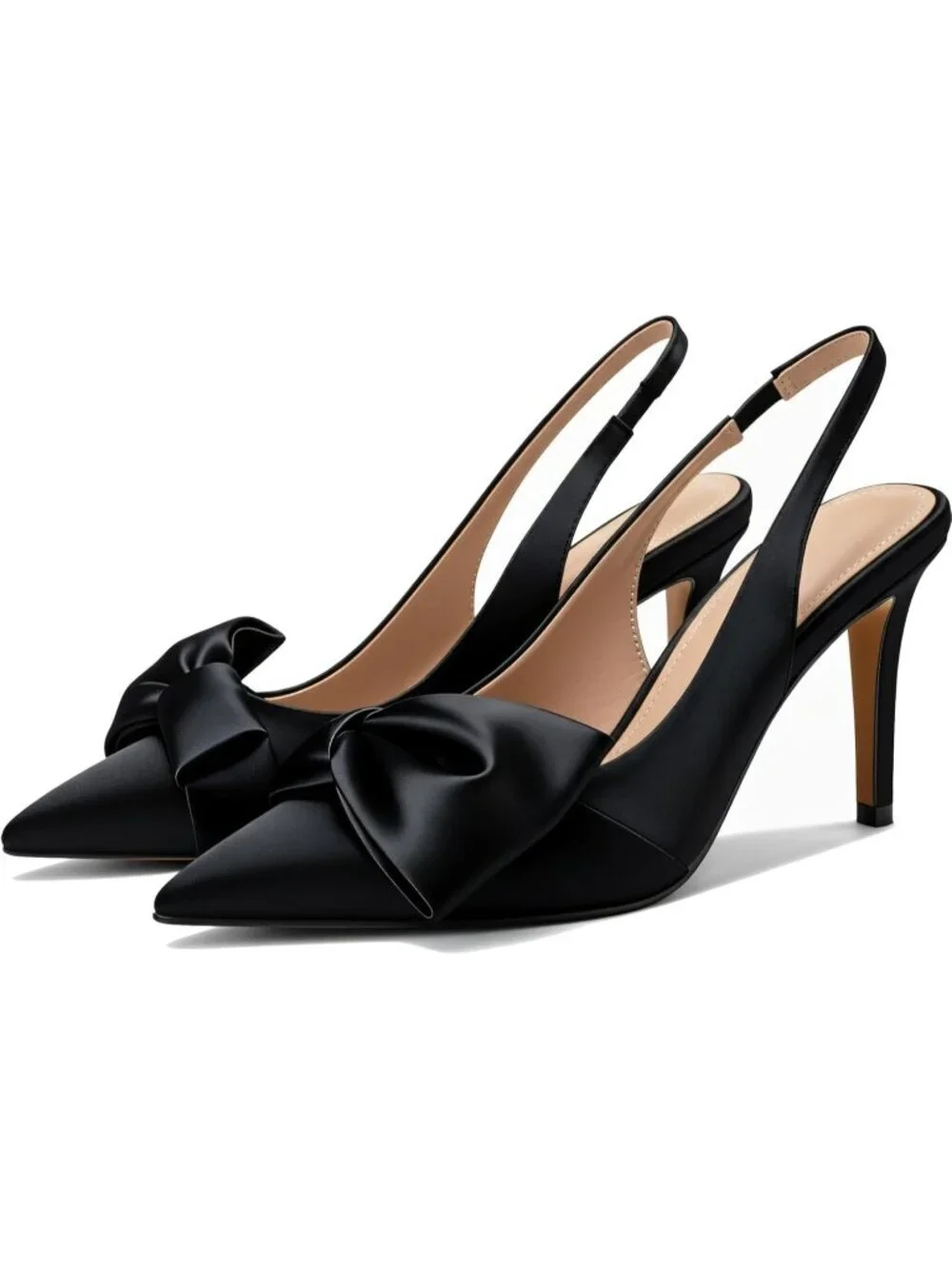 Women's Satin Black Slingback Heels with Bow Pointed Toe Pumps Dress Shoes